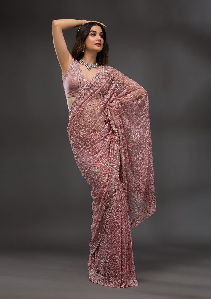 Pink Stonework Net Saree-Koskii