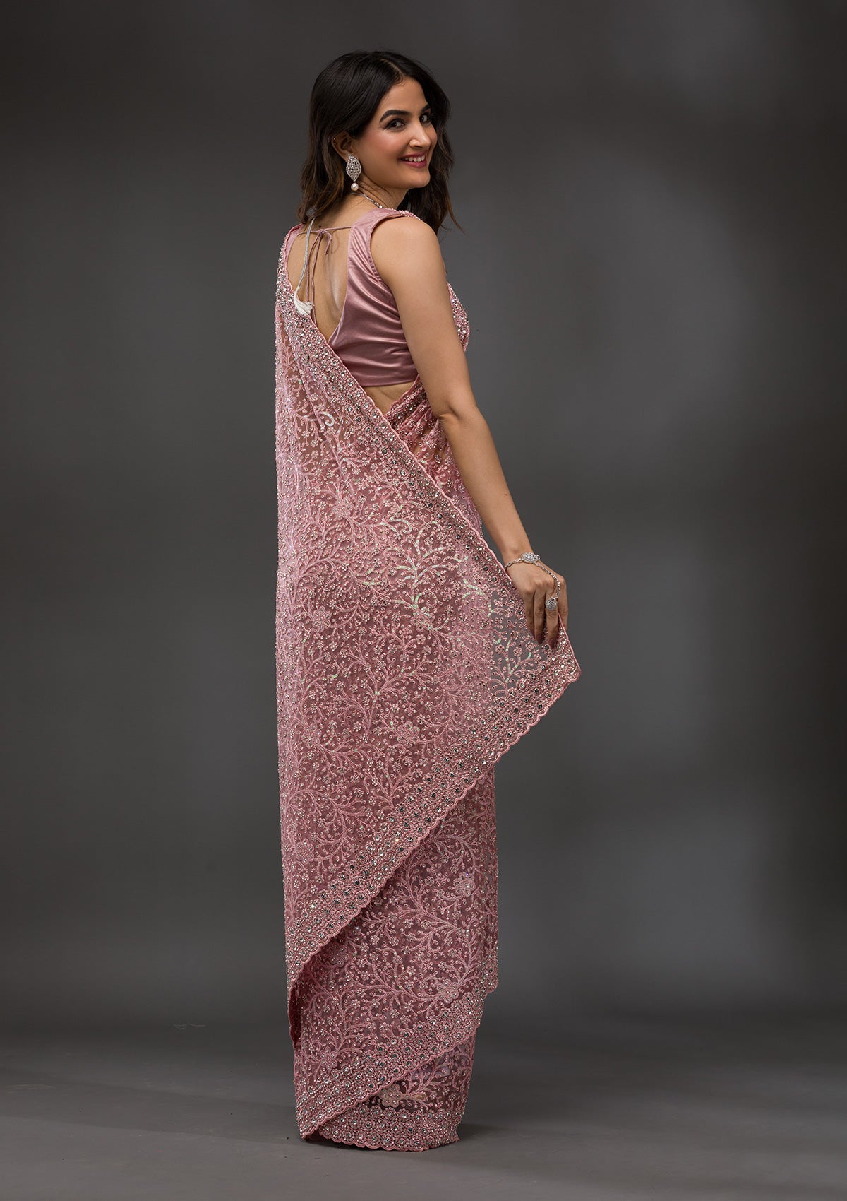 Pink Stonework Net Saree-Koskii