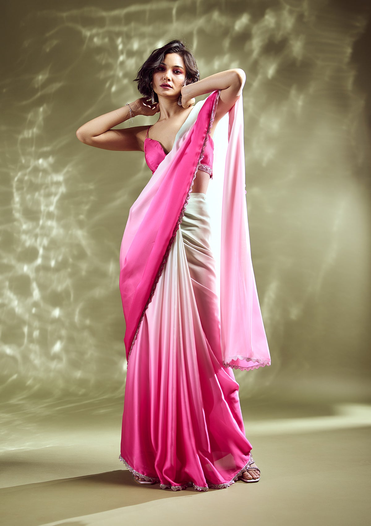 Pink Ombre Stonework Satin Bollywood Saree