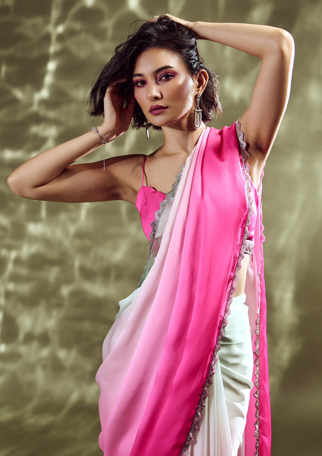 Pink Ombre Stonework Satin Bollywood Saree