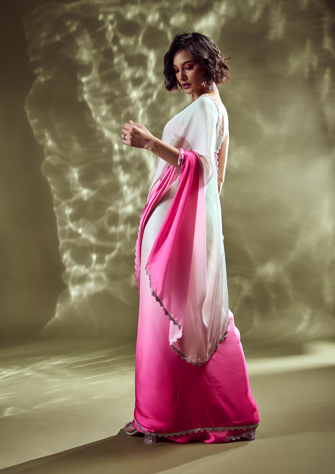 Pink Ombre Stonework Satin Bollywood Saree