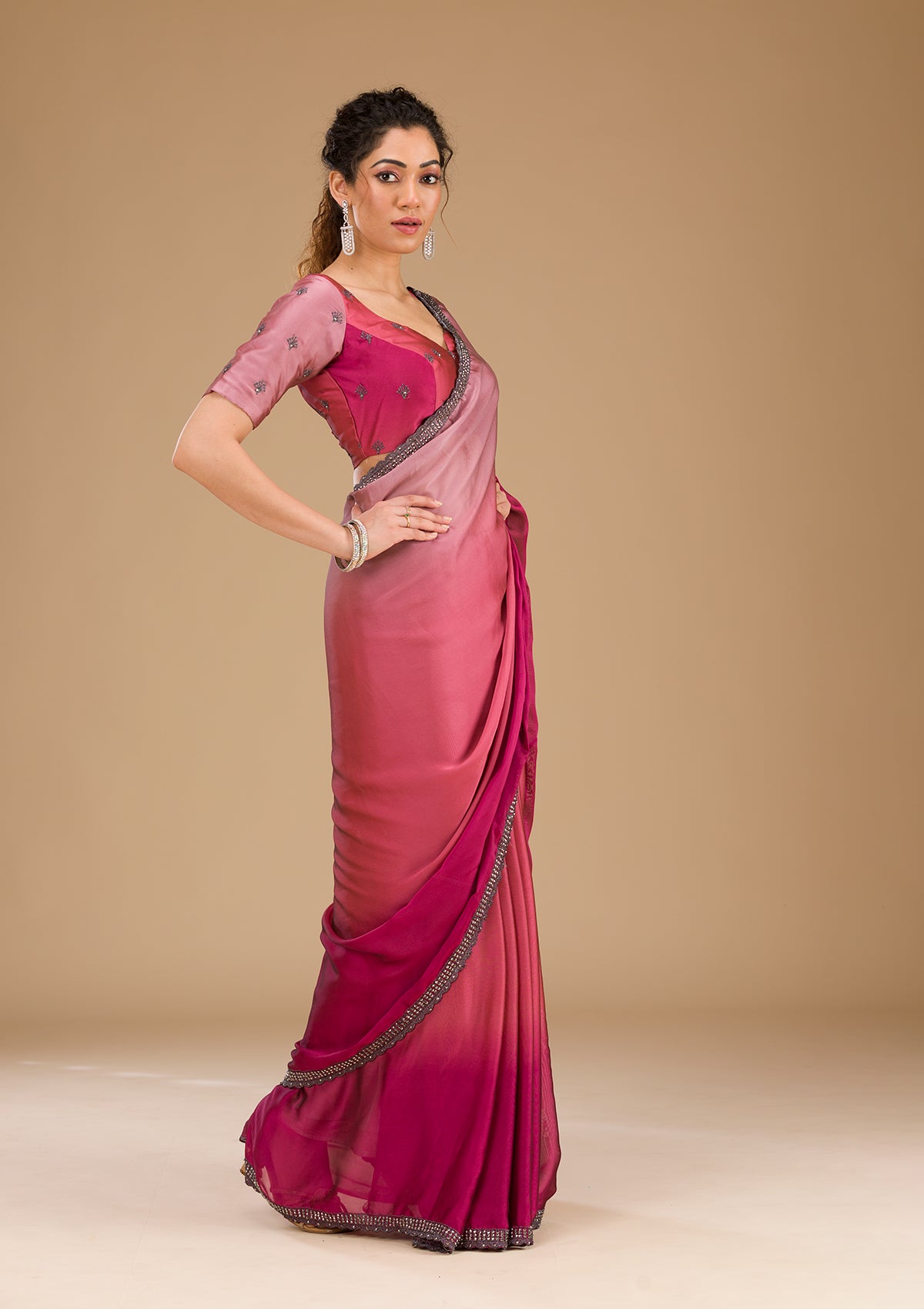 Pink Stonework Satin Saree