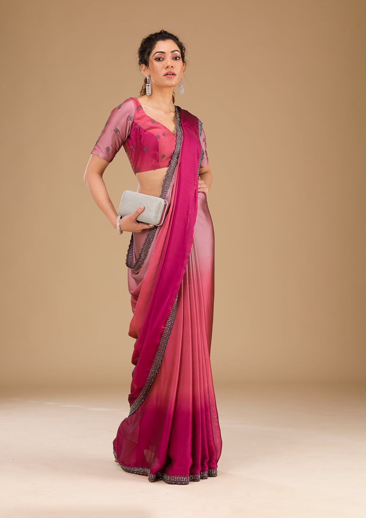 Pink Stonework Satin Saree