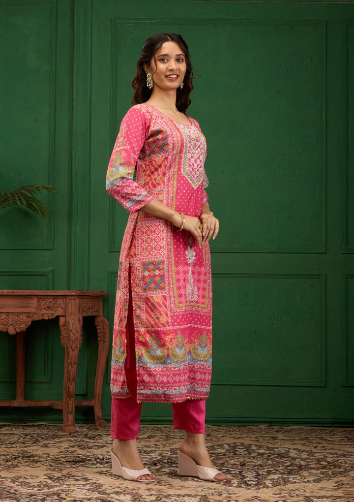 Pink Stonework Semi Crepe Readymade Salwar Suit-Koskii