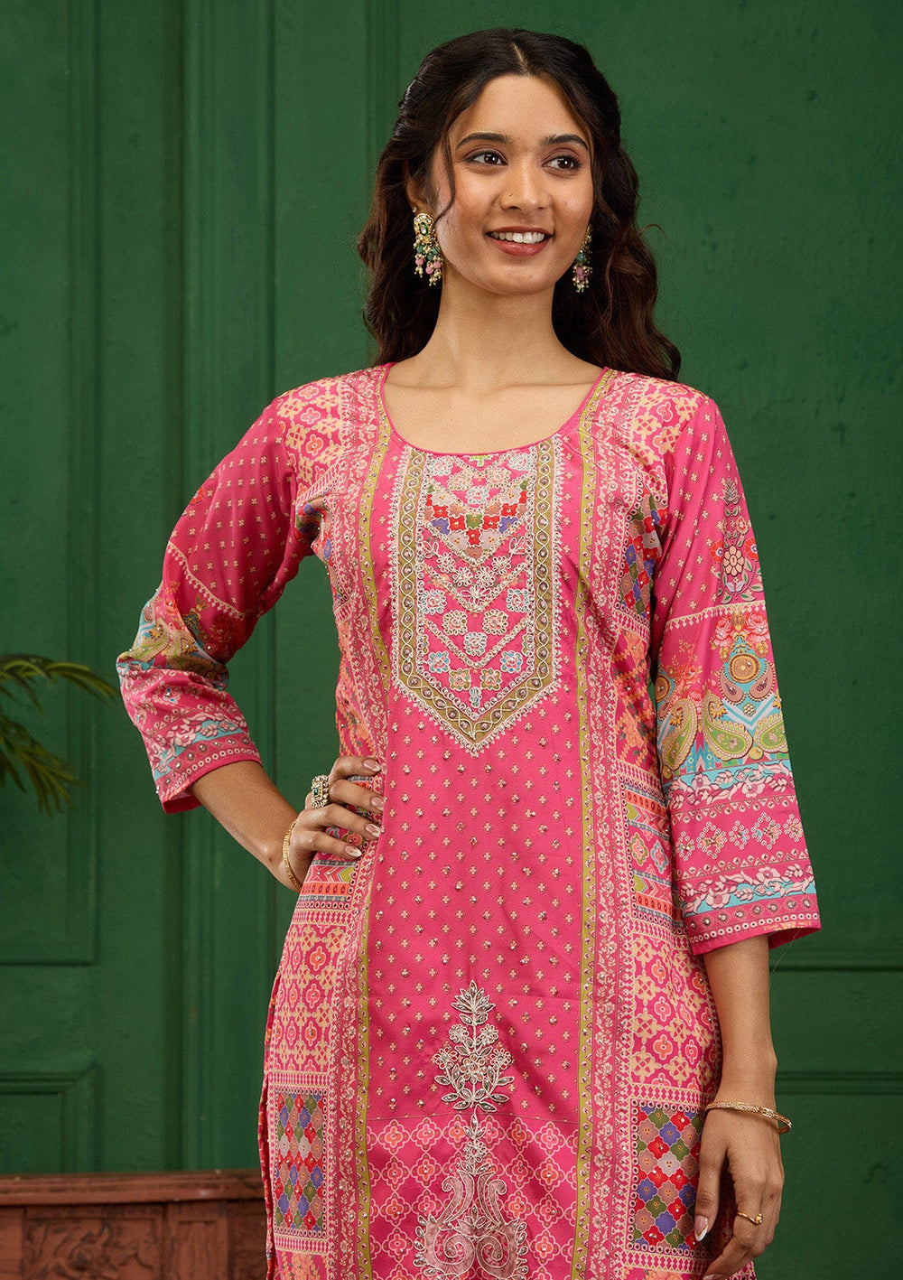 Pink Stonework Semi Crepe Readymade Salwar Suit-Koskii