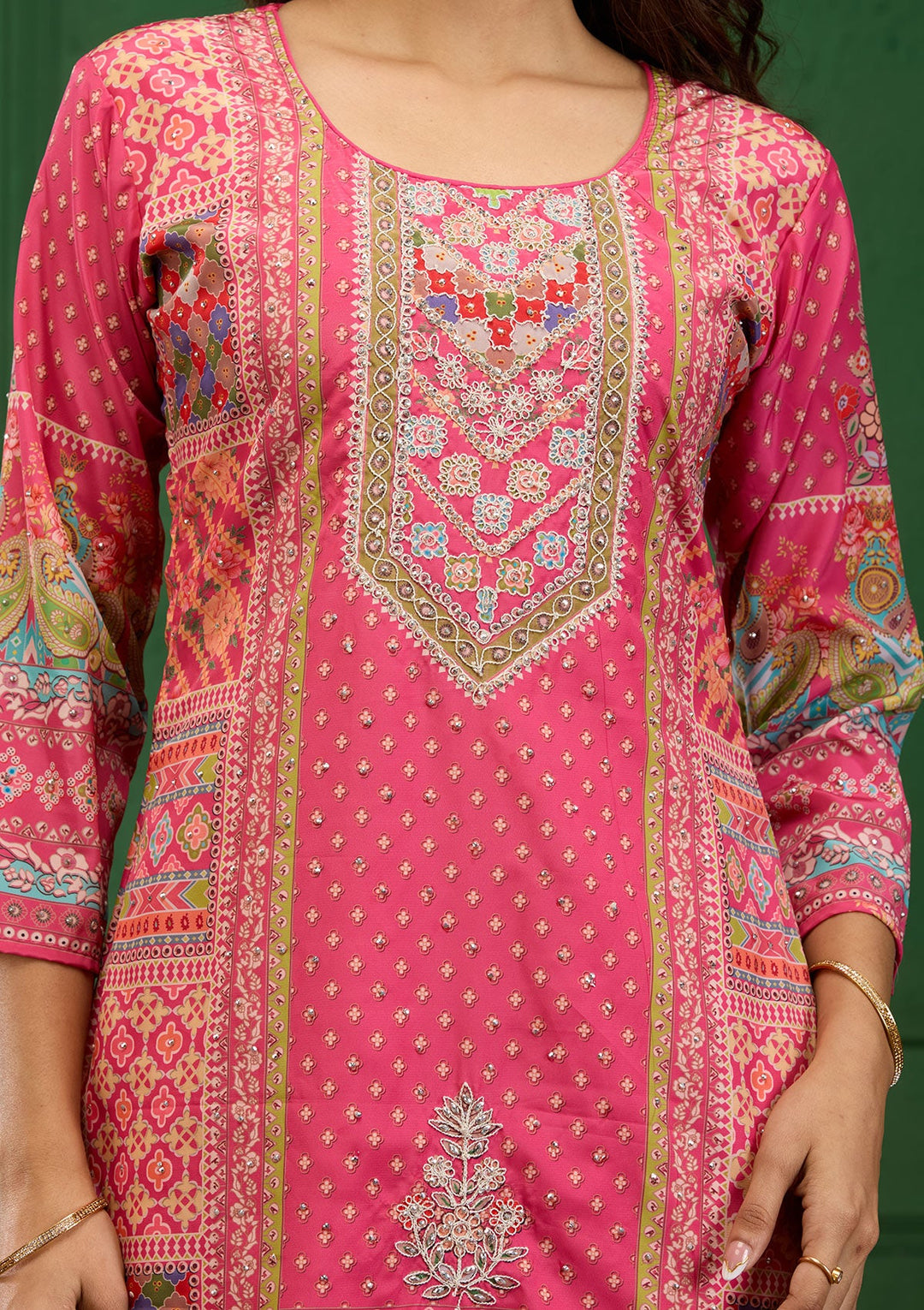 Pink Stonework Semi Crepe Readymade Salwar Suit-Koskii