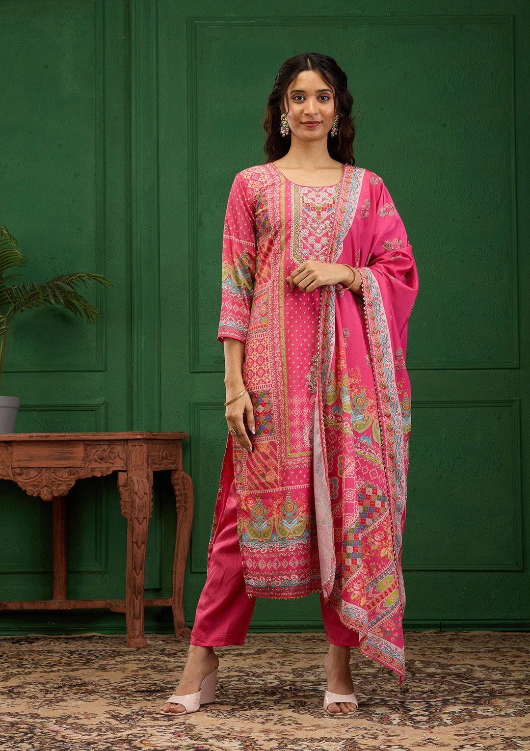 Pink Stonework Semi Crepe Readymade Salwar Suit-Koskii
