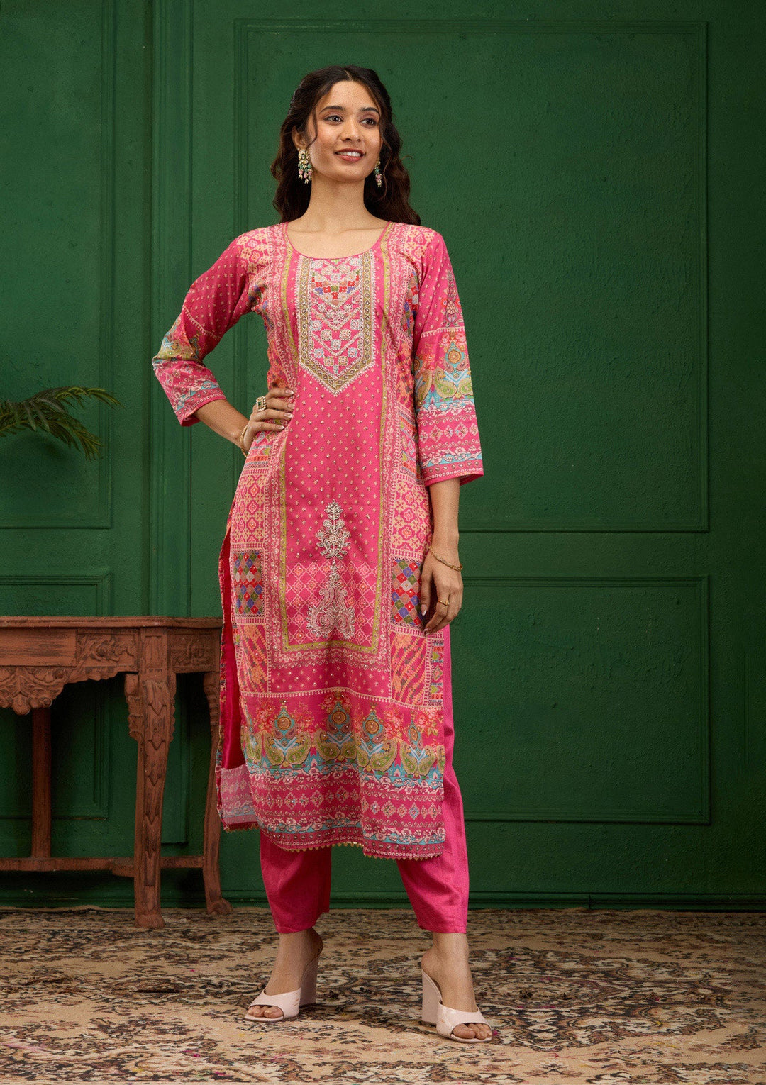 Pink Stonework Semi Crepe Readymade Salwar Suit-Koskii