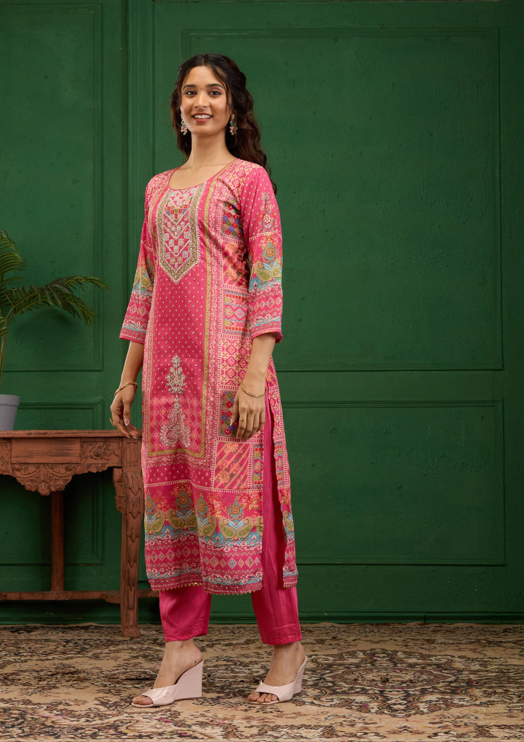 Pink Stonework Semi Crepe Readymade Salwar Suit-Koskii