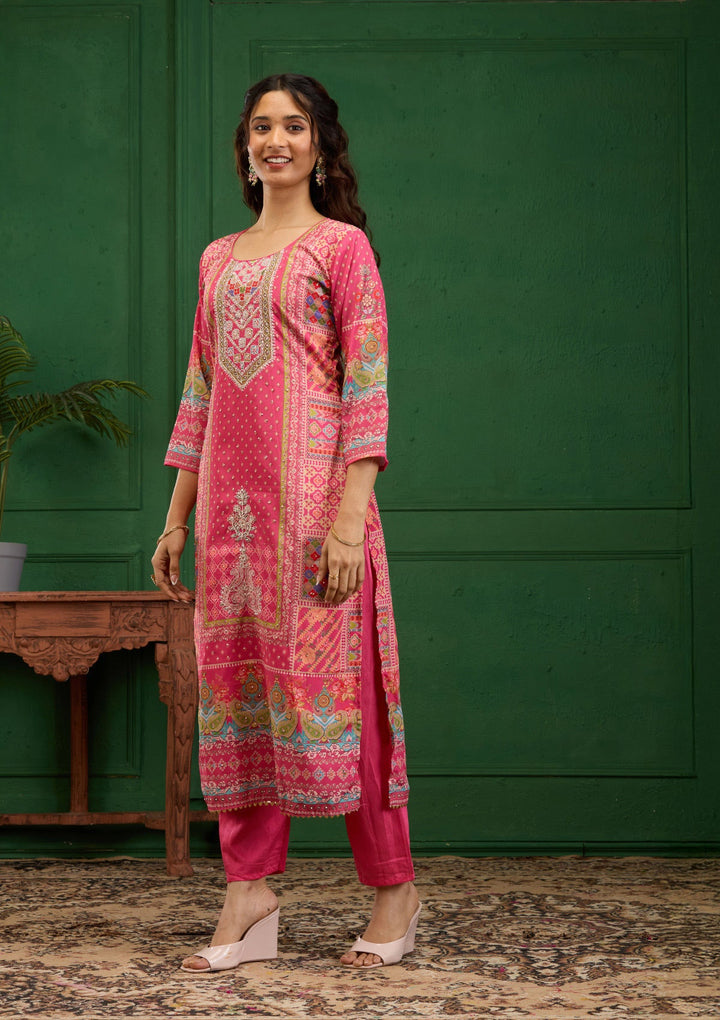 Pink Stonework Semi Crepe Readymade Salwar Suit-Koskii