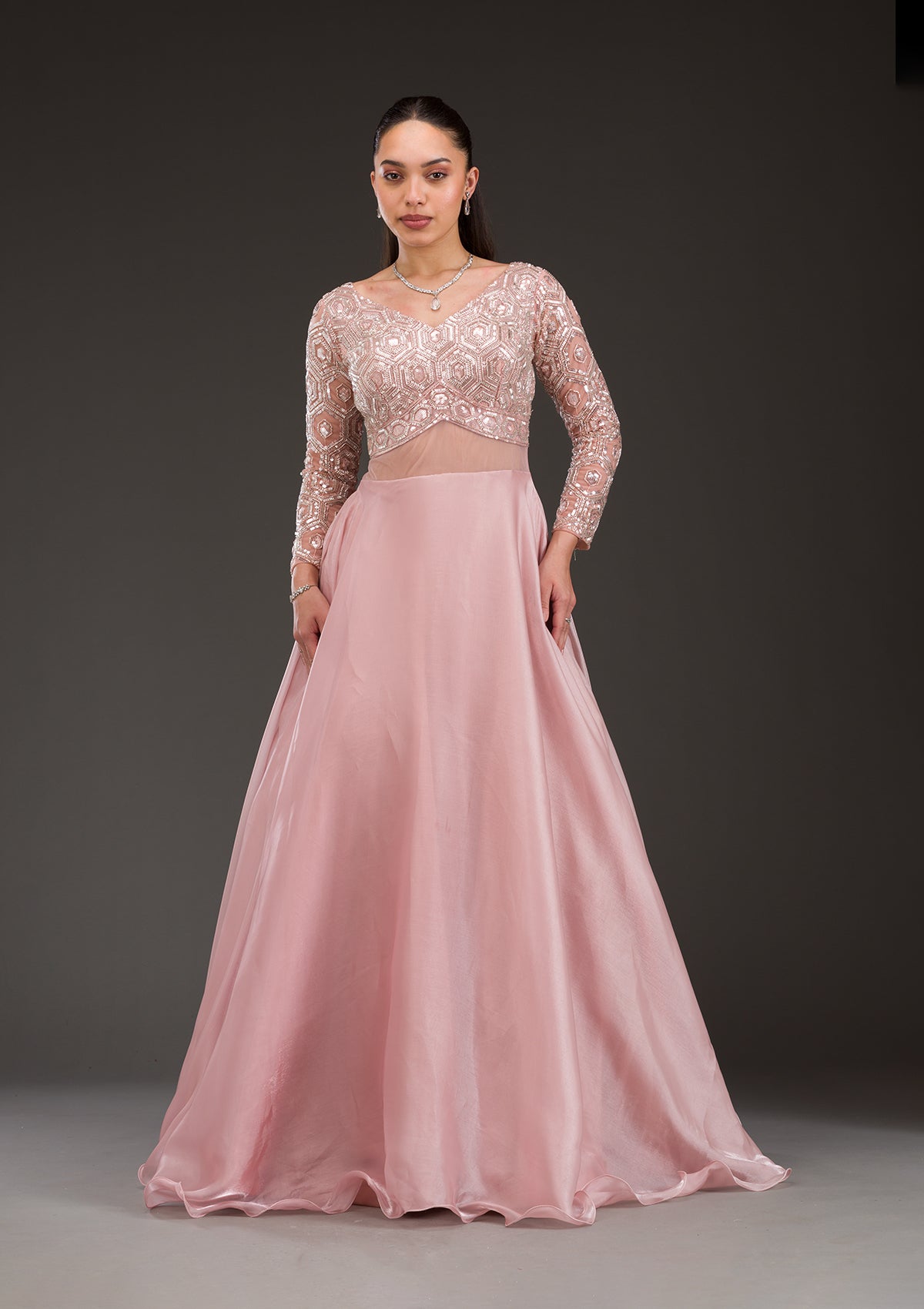 Pink Stonework Semi Crepe Gown-Koskii