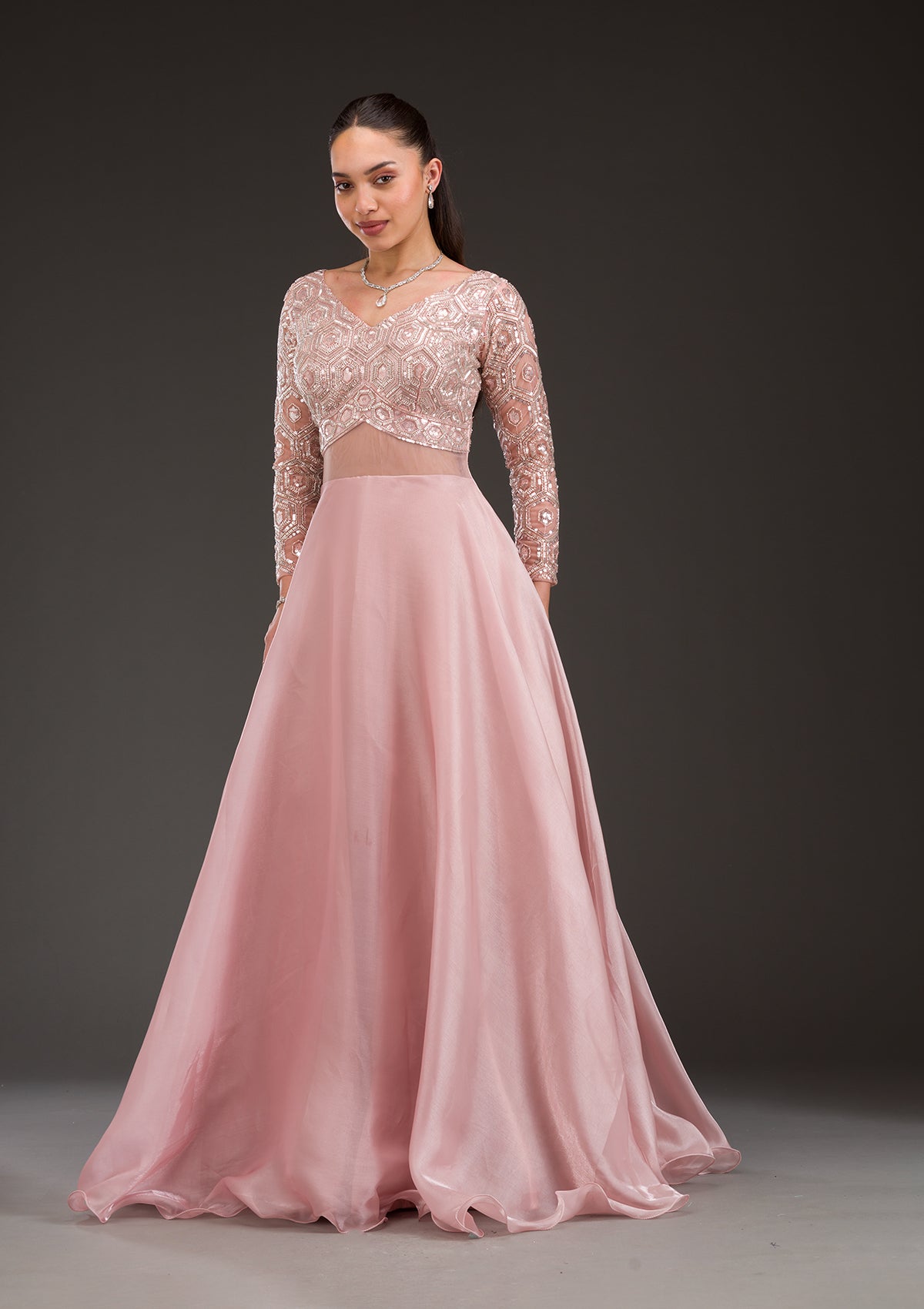 Pink Stonework Semi Crepe Gown-Koskii