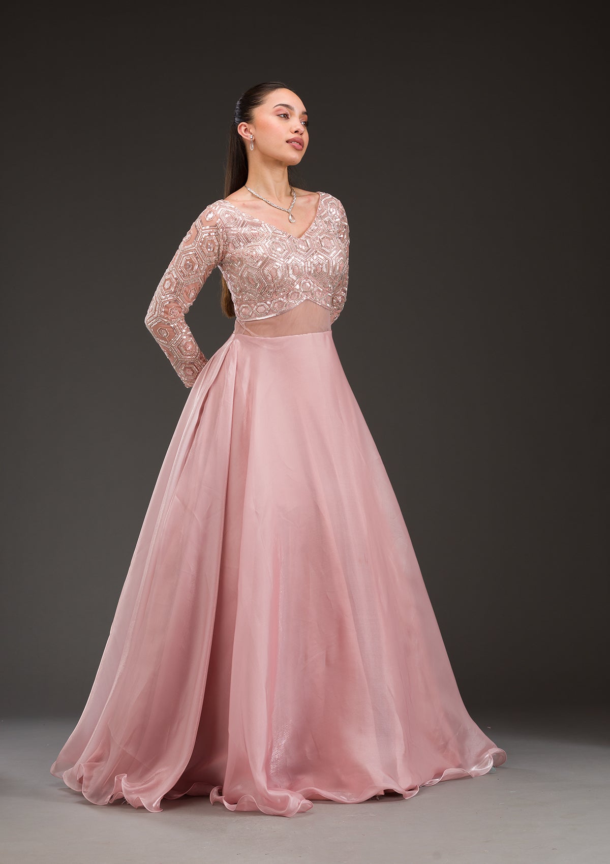 Pink Stonework Semi Crepe Gown-Koskii