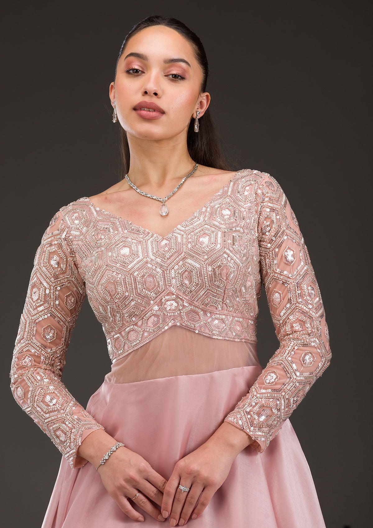 Pink Stonework Semi Crepe Gown-Koskii