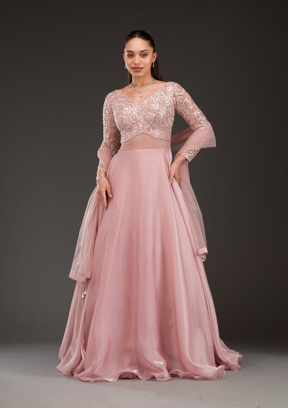 Pink Stonework Semi Crepe Gown-Koskii