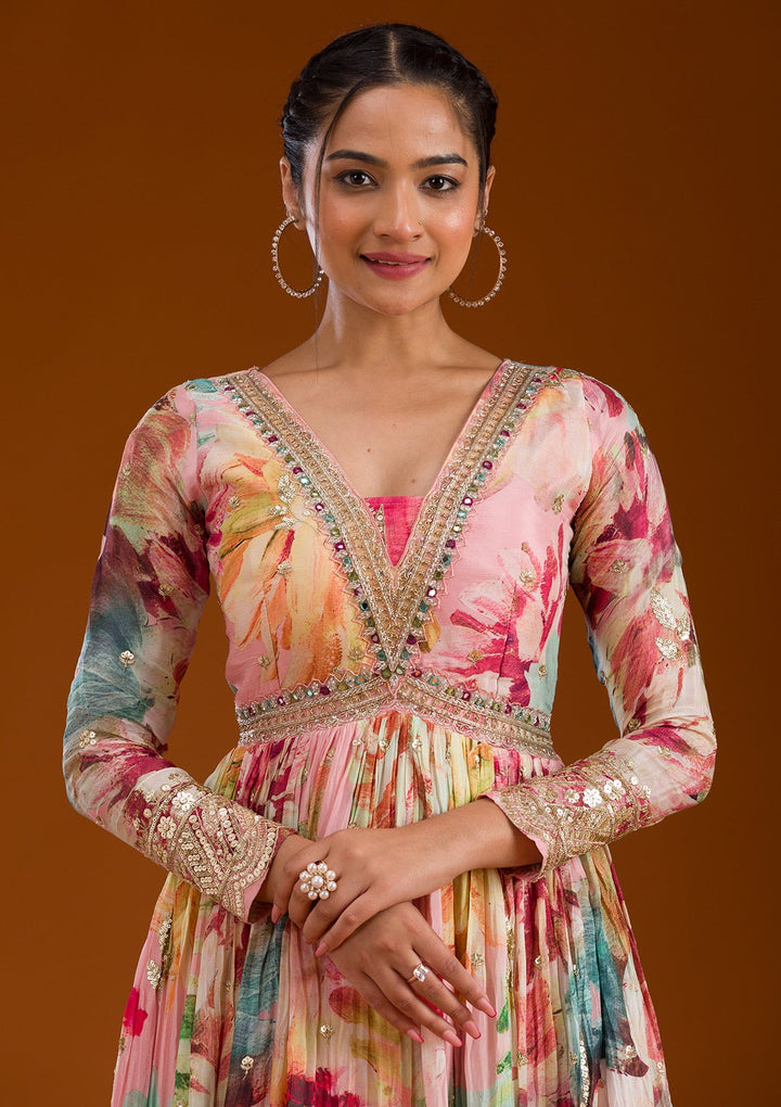 Pink Stonework Semi Crepe Readymade Salwar Suit-Koskii