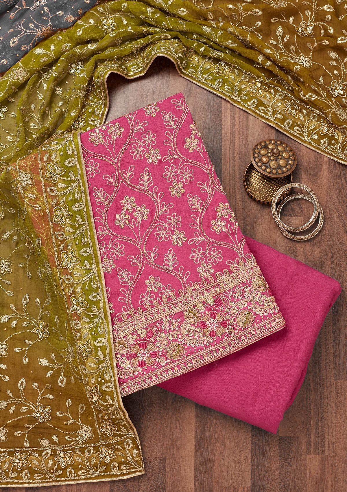 Pink Stonework Semi Crepe Unstitched Salwar Suit-Koskii