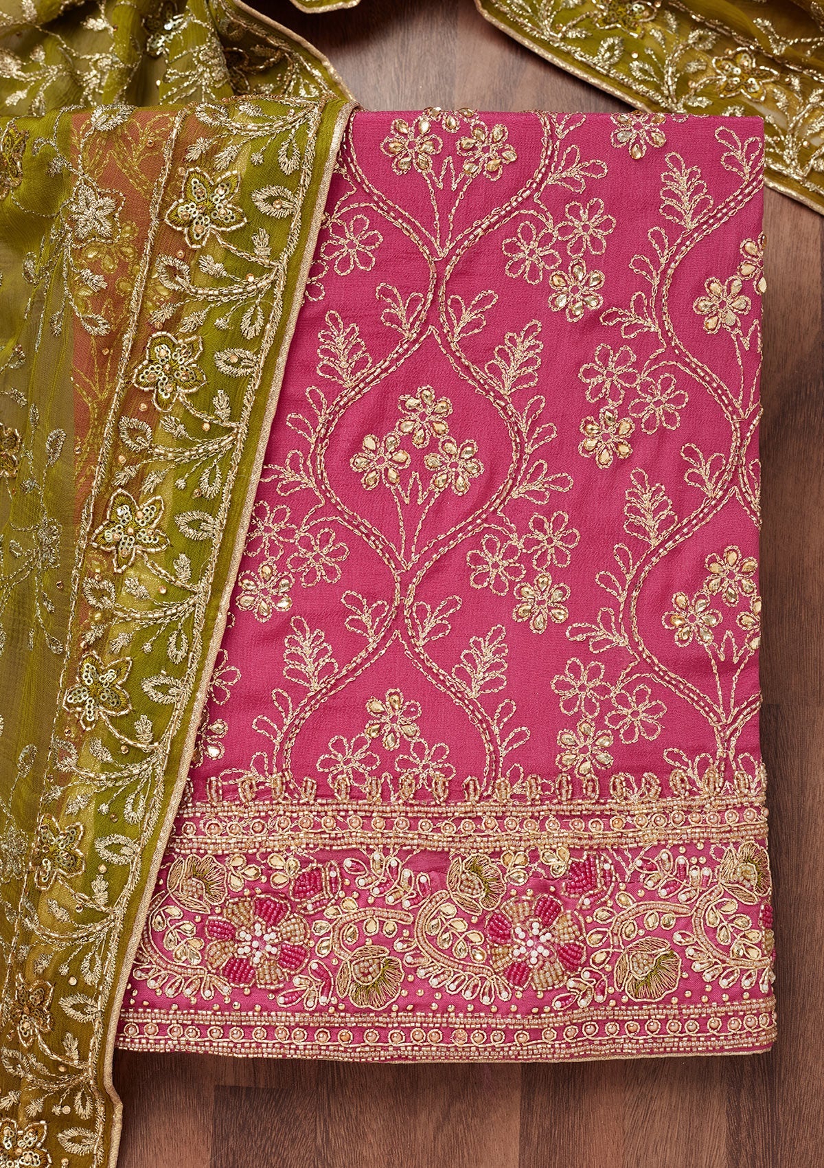 Pink Stonework Semi Crepe Unstitched Salwar Suit-Koskii