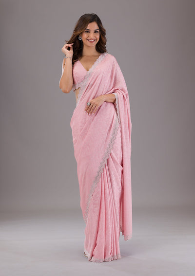 Pink Stonework Semi Crepe Saree-Koskii