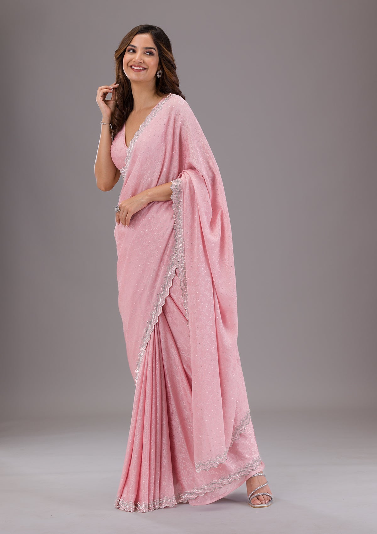 Pink Stonework Semi Crepe Saree-Koskii