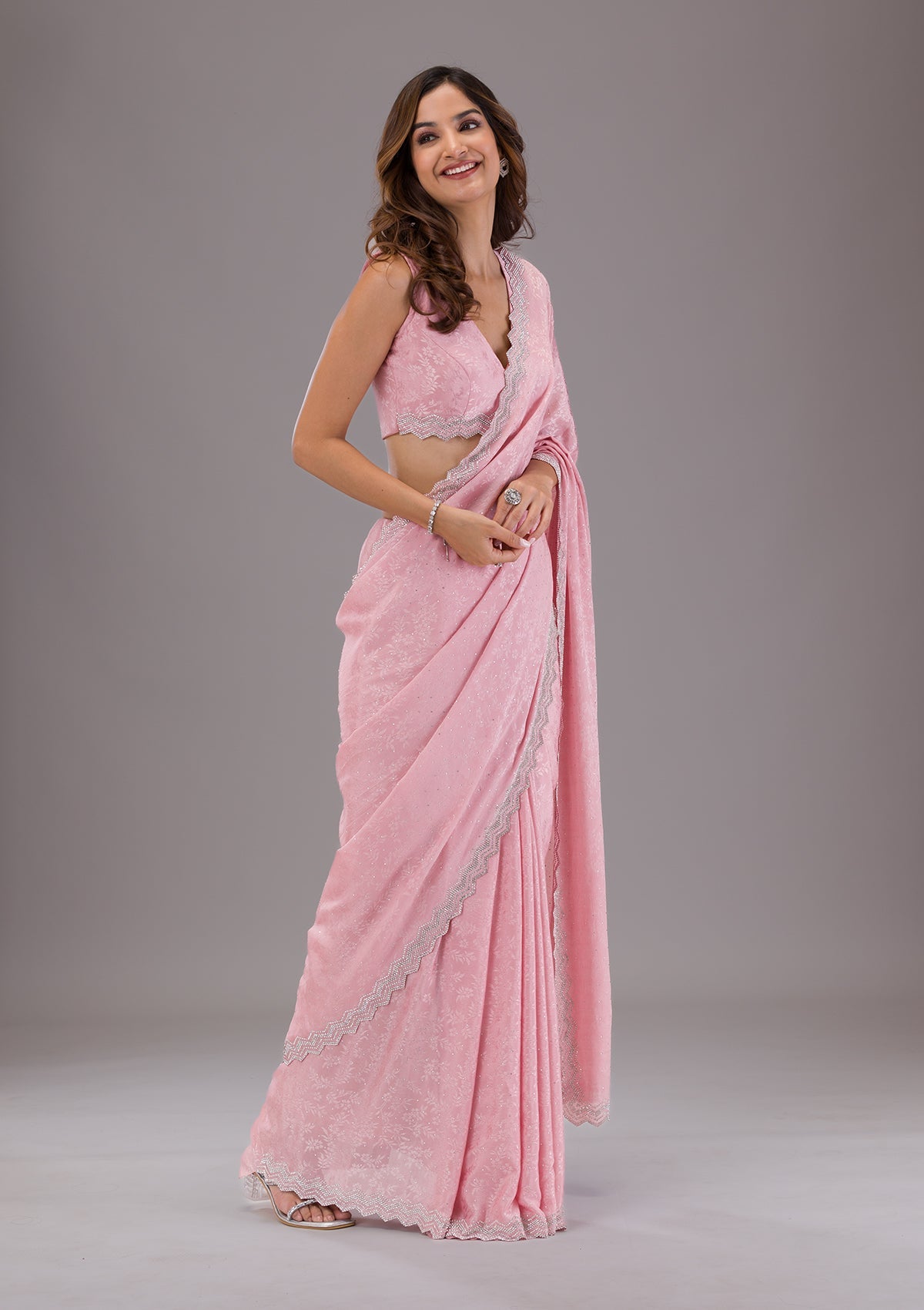 Pink Stonework Semi Crepe Saree-Koskii