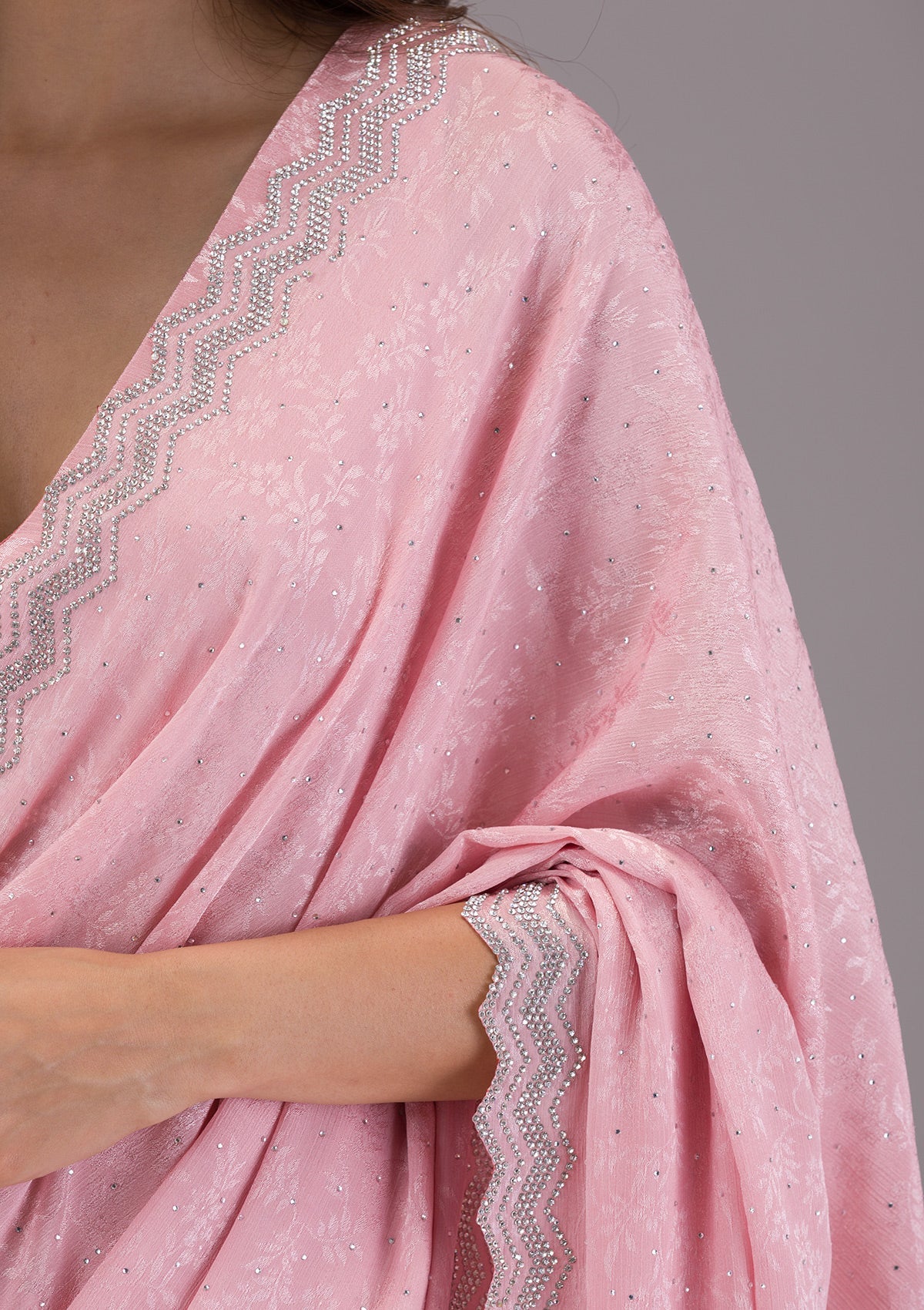 Pink Stonework Semi Crepe Saree-Koskii