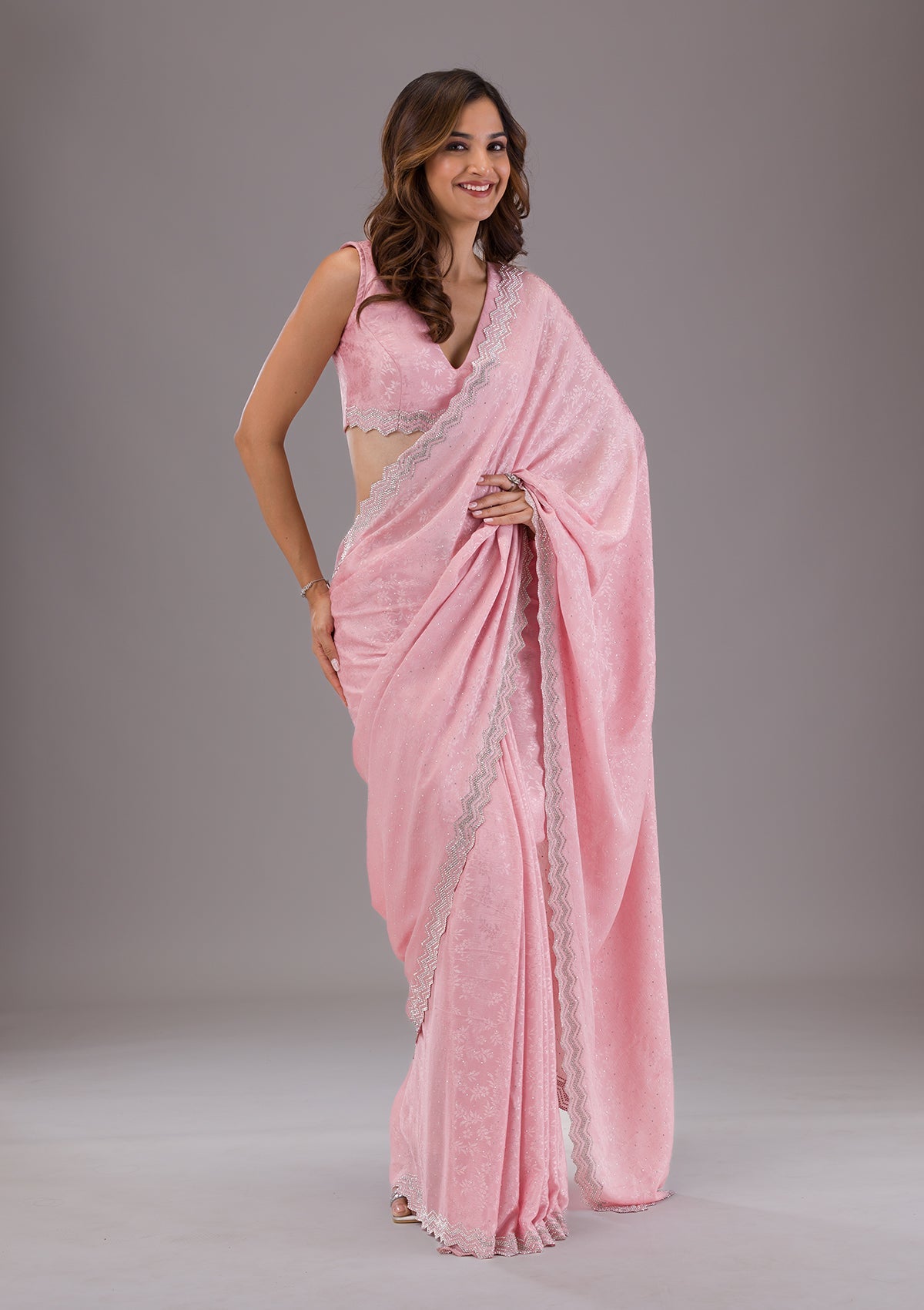 Pink Stonework Semi Crepe Saree-Koskii