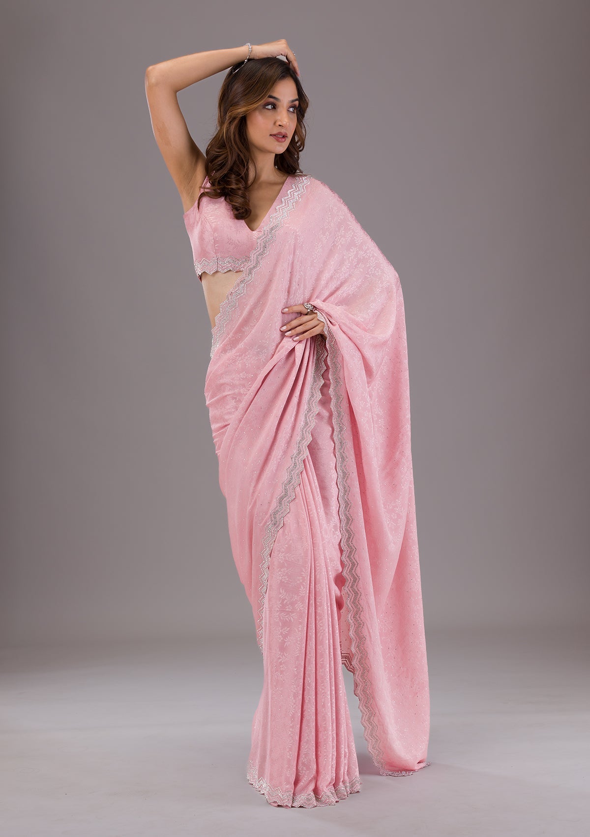 Pink Stonework Semi Crepe Saree-Koskii