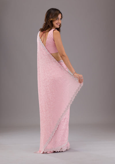 Pink Stonework Semi Crepe Saree-Koskii