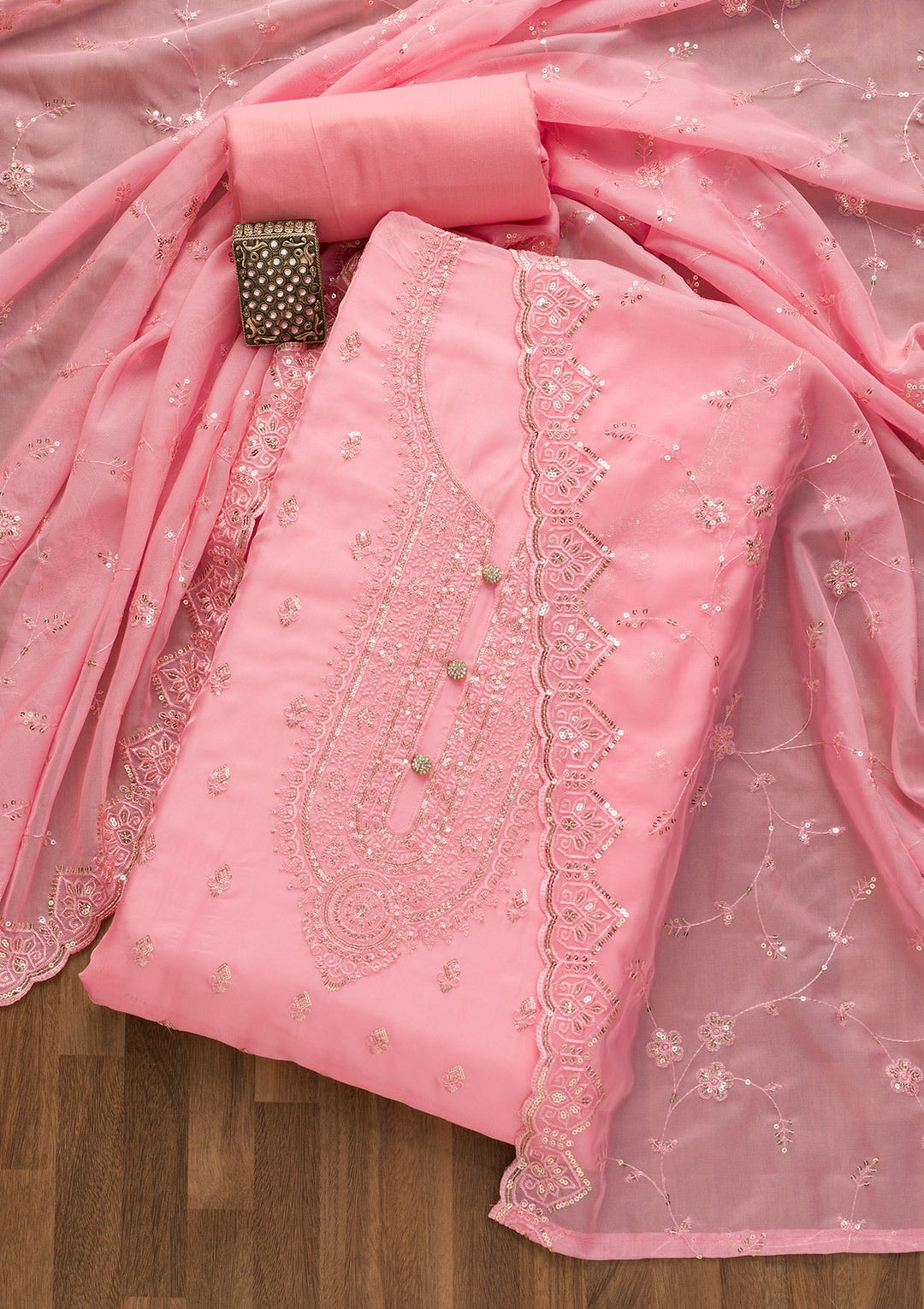 Pink Stonework Tissue Unstitched Salwar Suit-Koskii