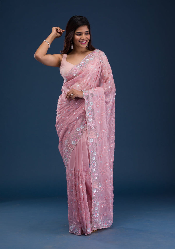 Pink Stonework Tissue Saree-Koskii