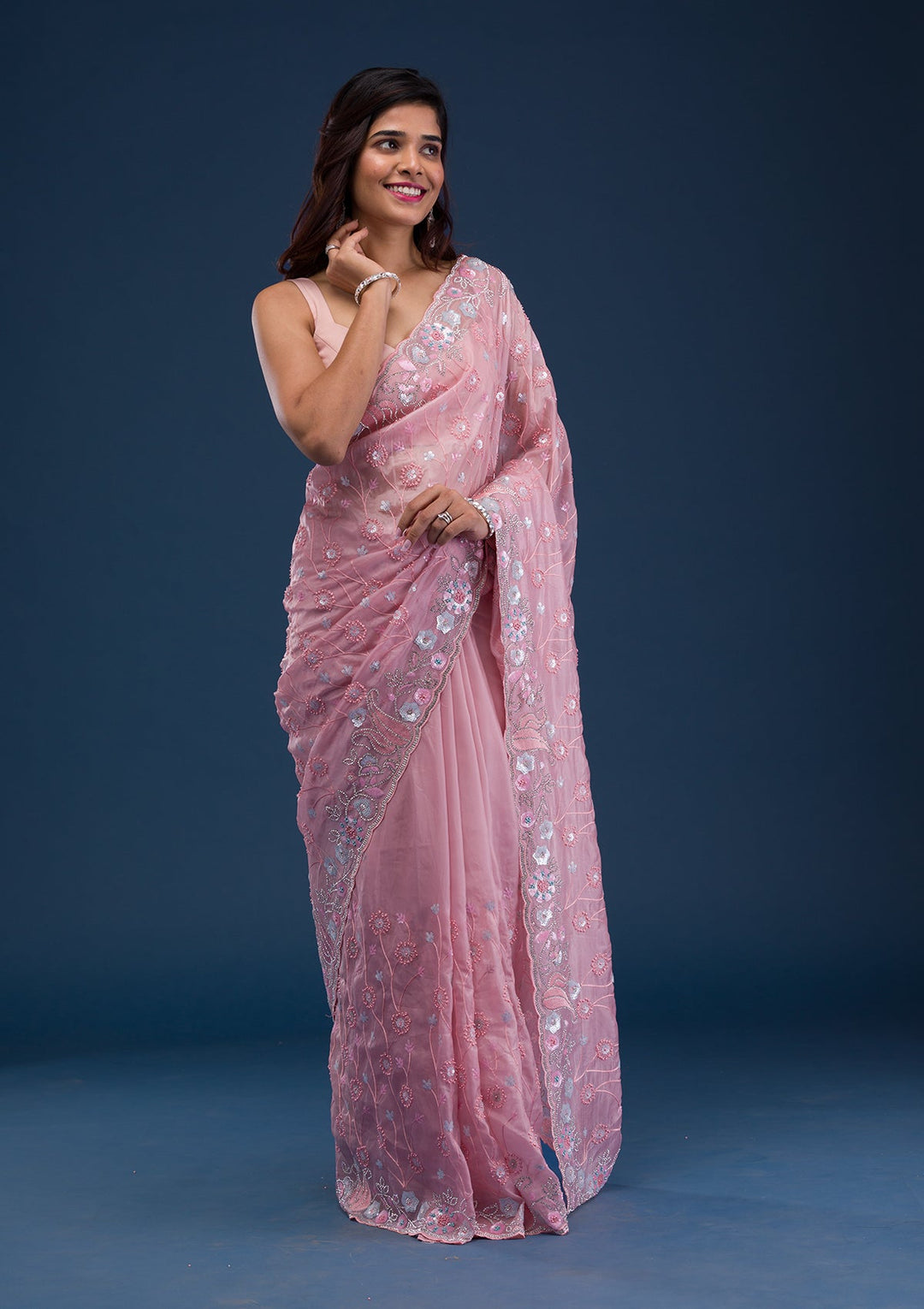 Pink Stonework Tissue Saree-Koskii