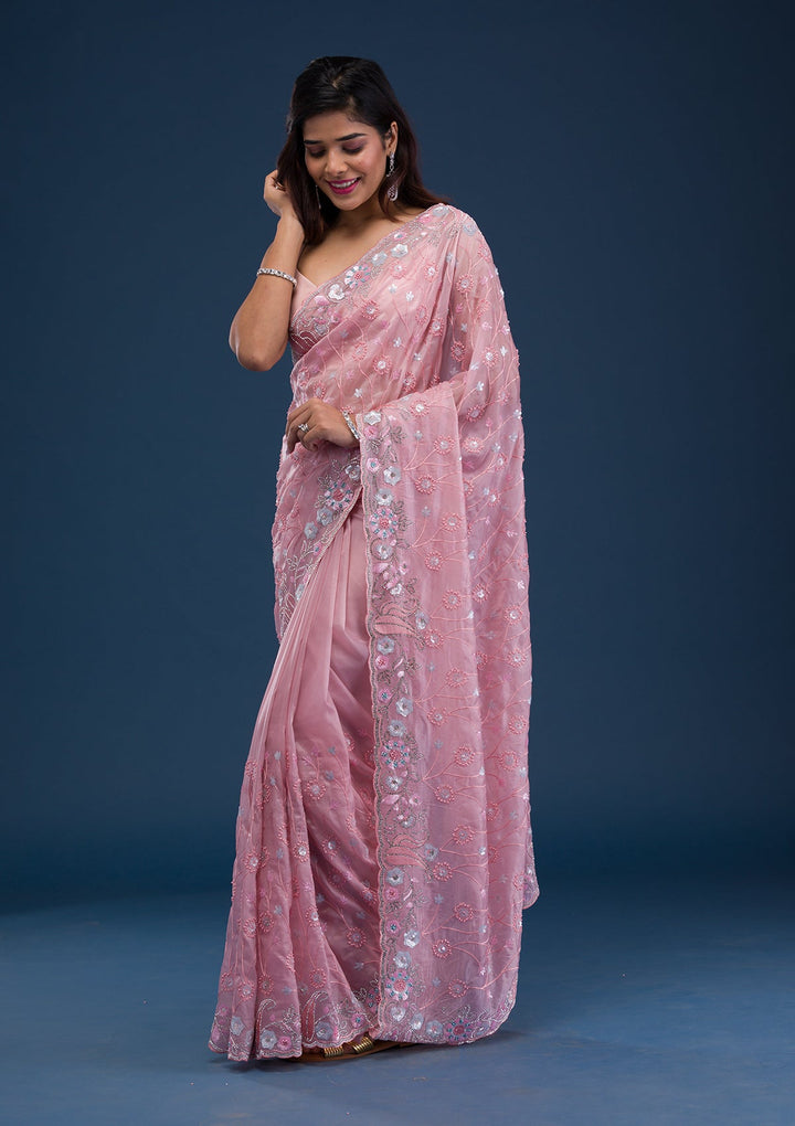 Pink Stonework Tissue Saree-Koskii