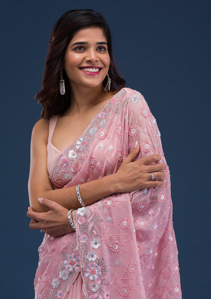 Pink Stonework Tissue Saree-Koskii