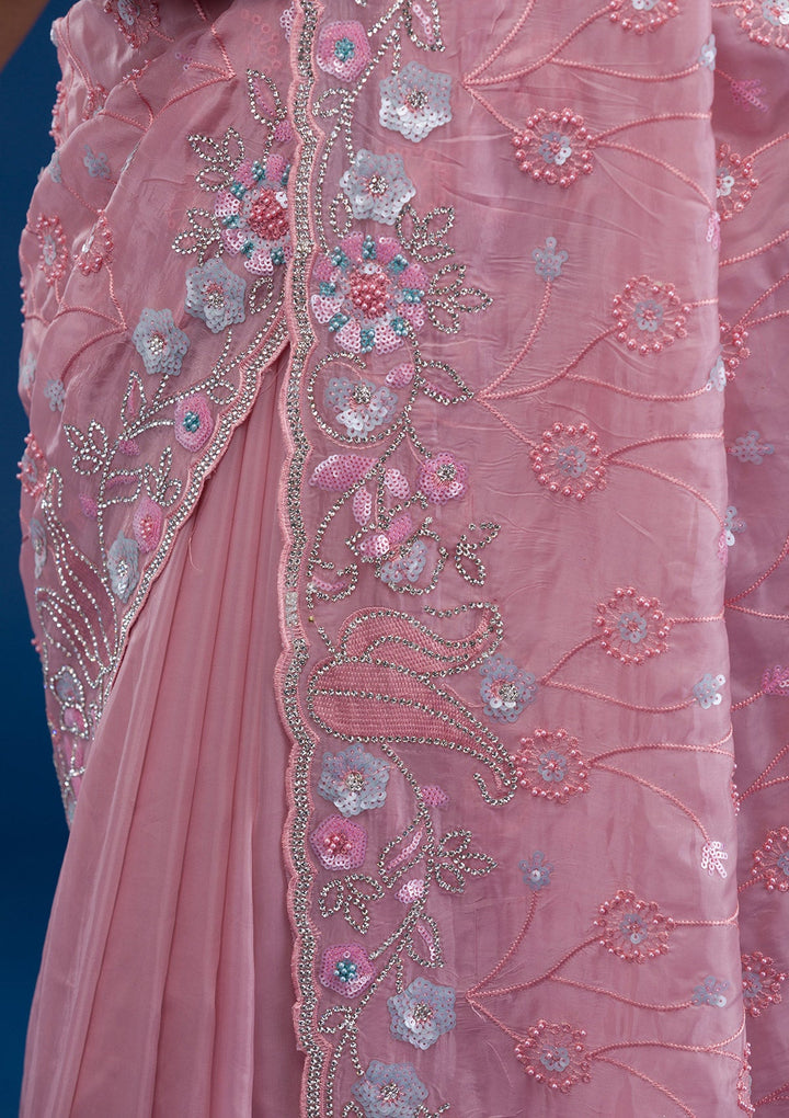 Pink Stonework Tissue Saree-Koskii