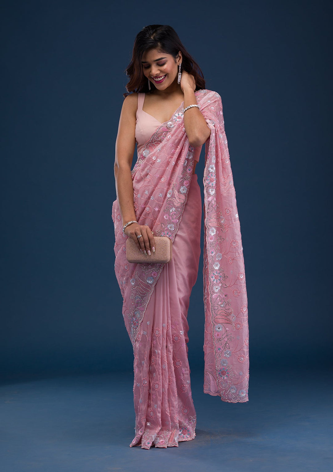 Pink Stonework Tissue Saree-Koskii
