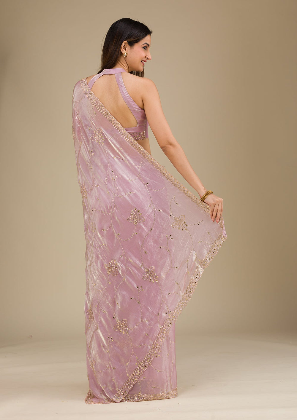 Pink Stonework Tissue Saree-Koskii