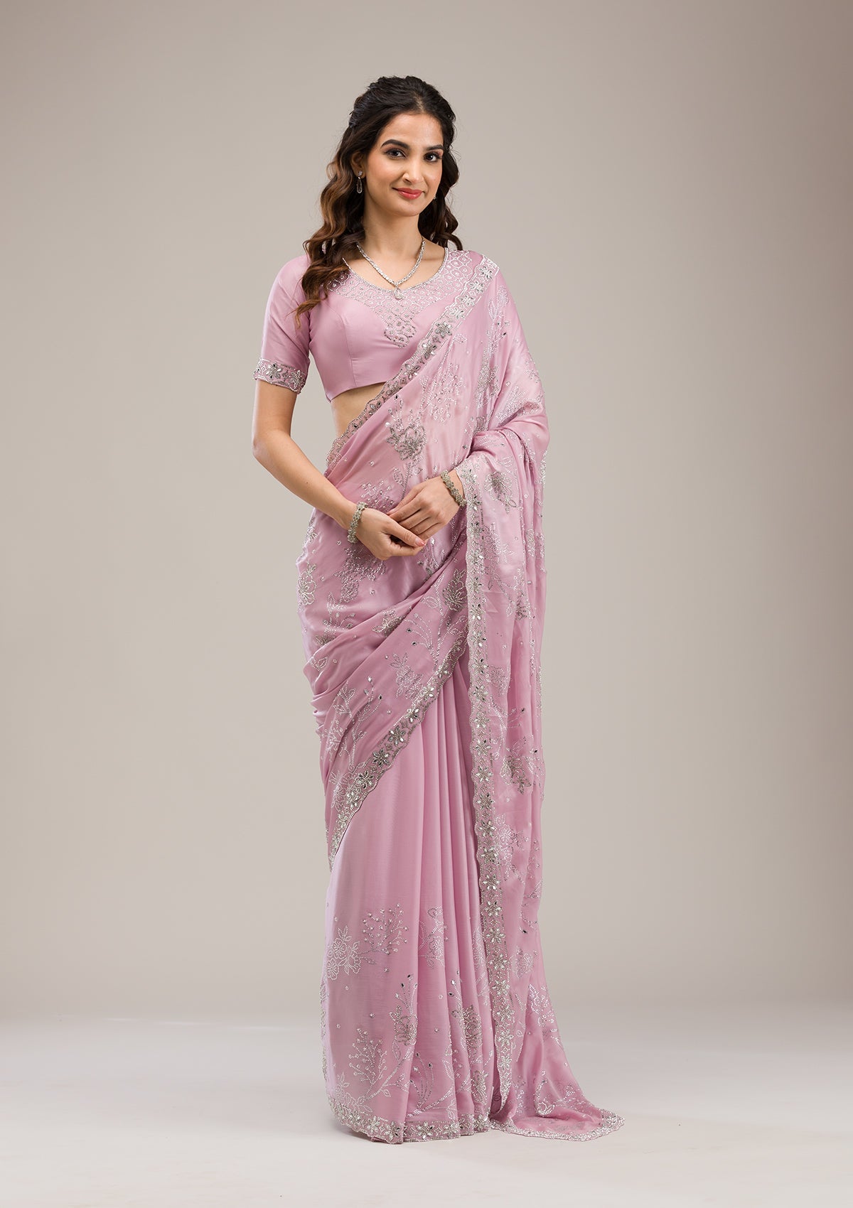 Pink Stonework Tissue Saree-Koskii