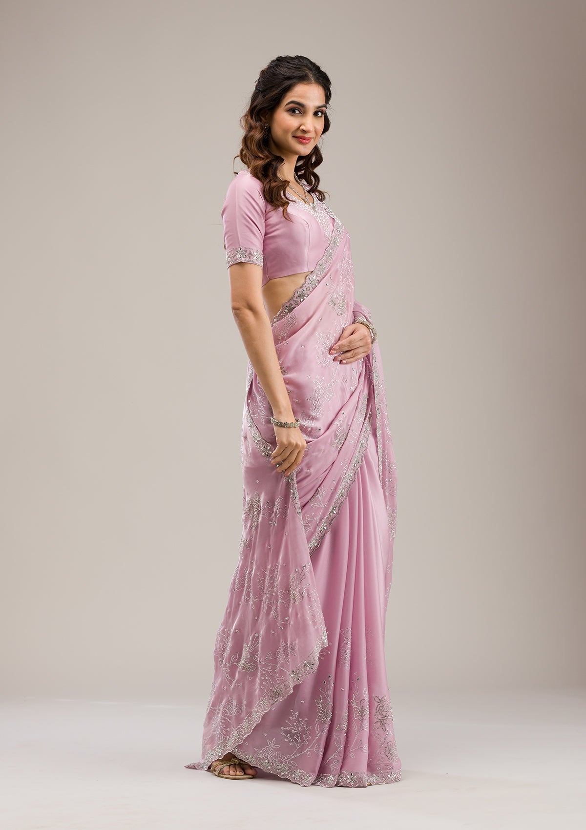 Pink Stonework Tissue Saree-Koskii