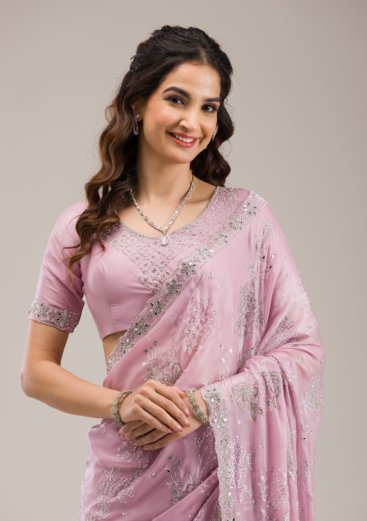 Pink Stonework Tissue Saree-Koskii