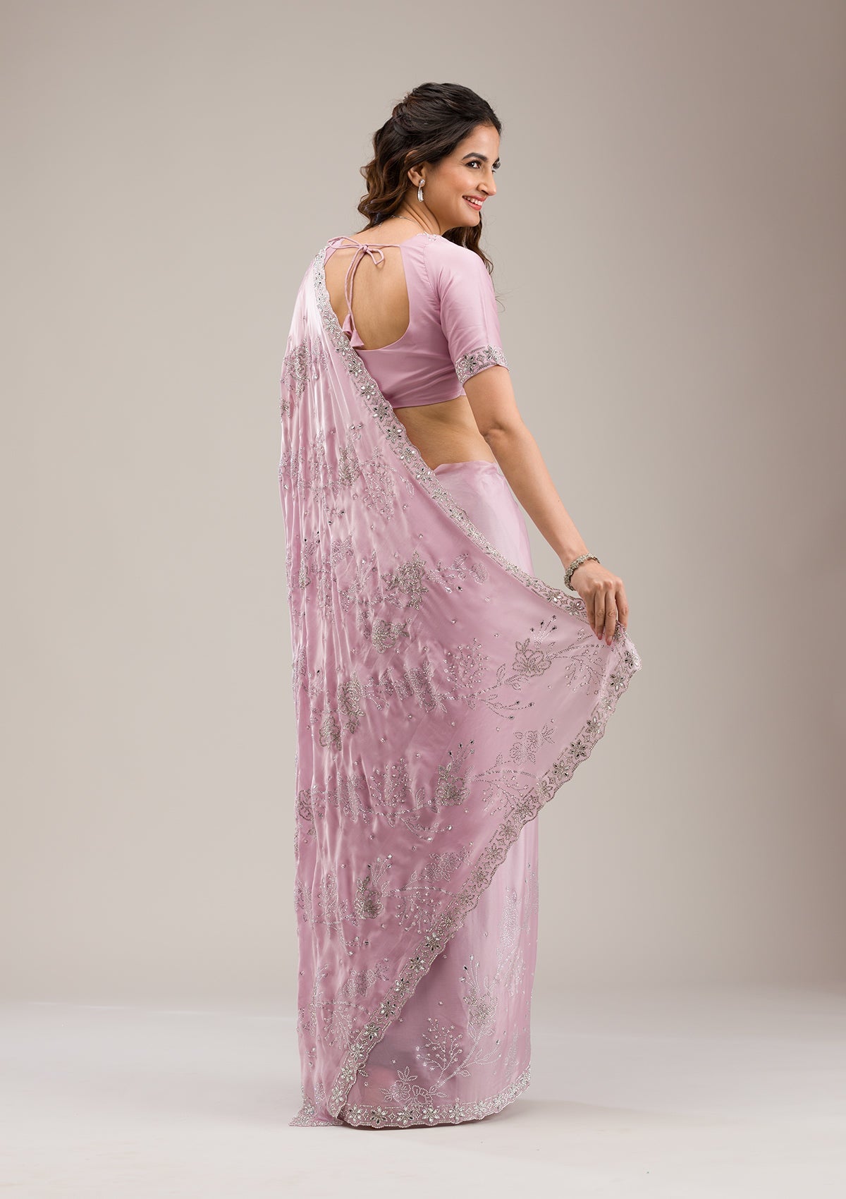 Pink Stonework Tissue Saree-Koskii