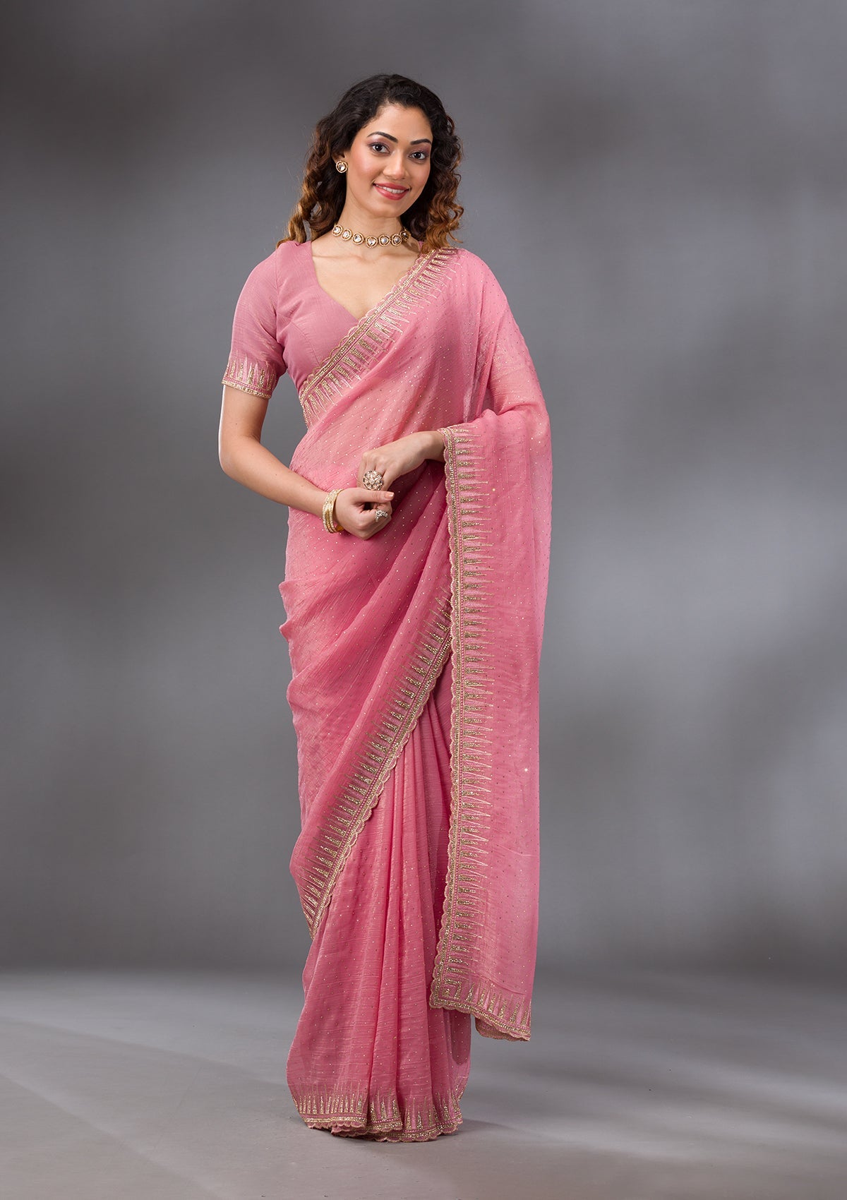 Pink Stonework Tissue Saree-Koskii