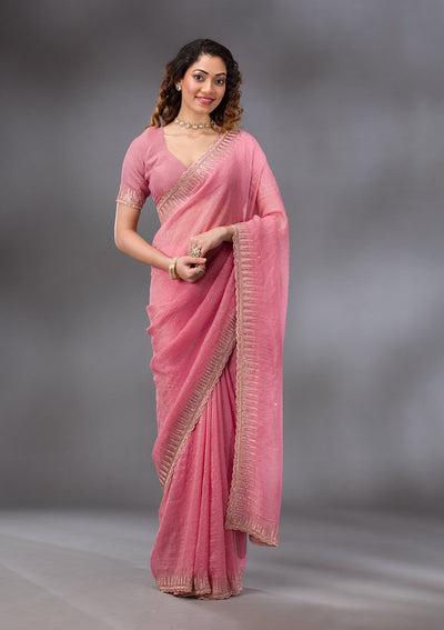 Pink Stonework Tissue Saree-Koskii