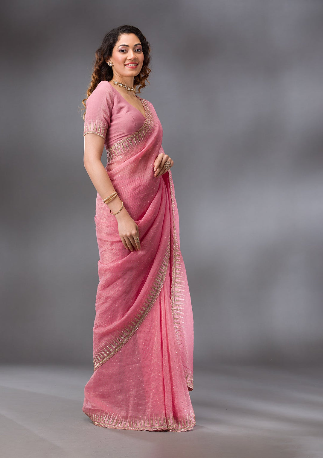 Pink Stonework Tissue Saree-Koskii