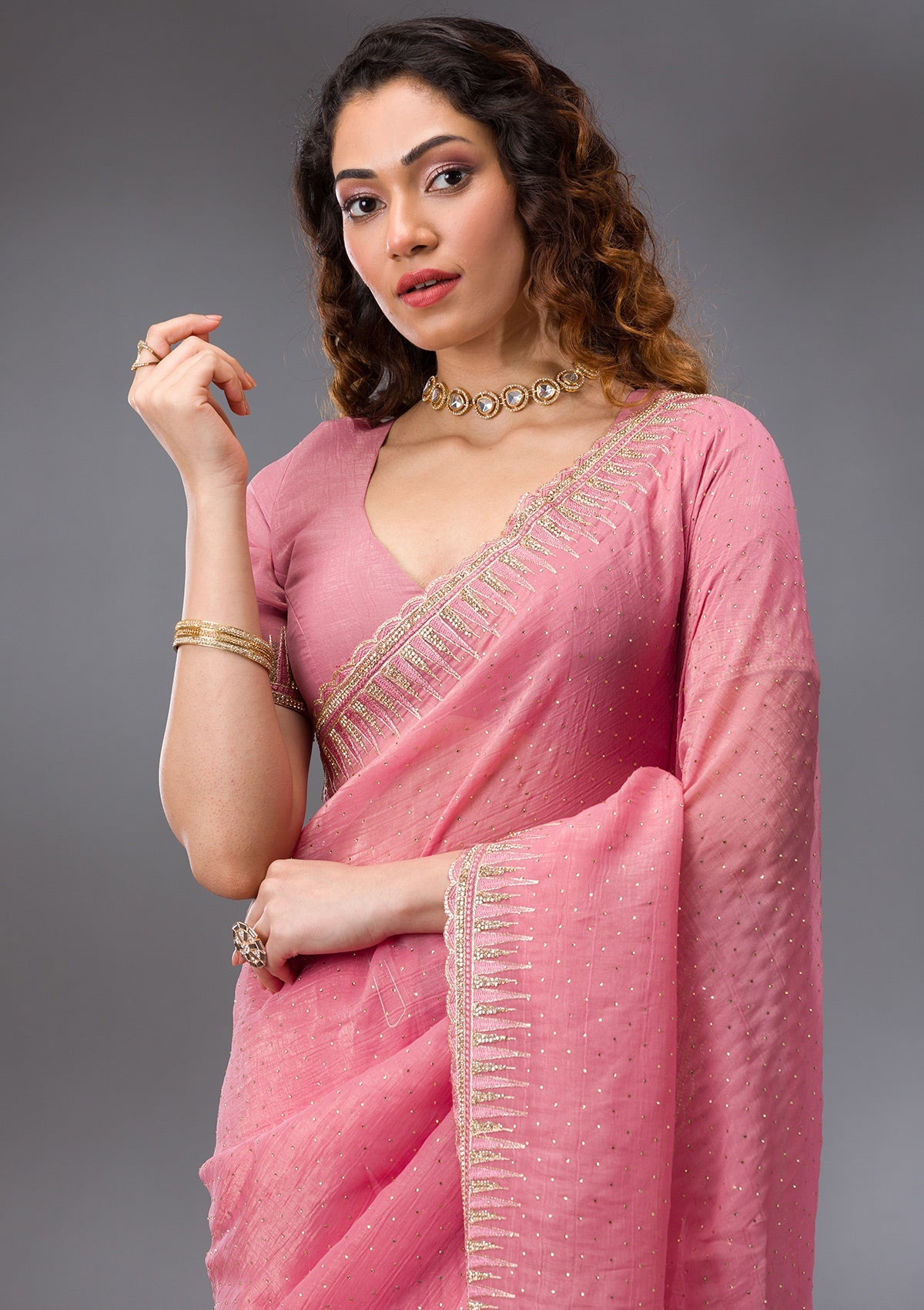 Pink Stonework Tissue Saree-Koskii