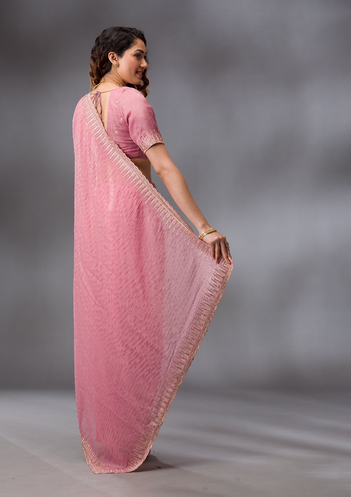 Pink Stonework Tissue Saree-Koskii