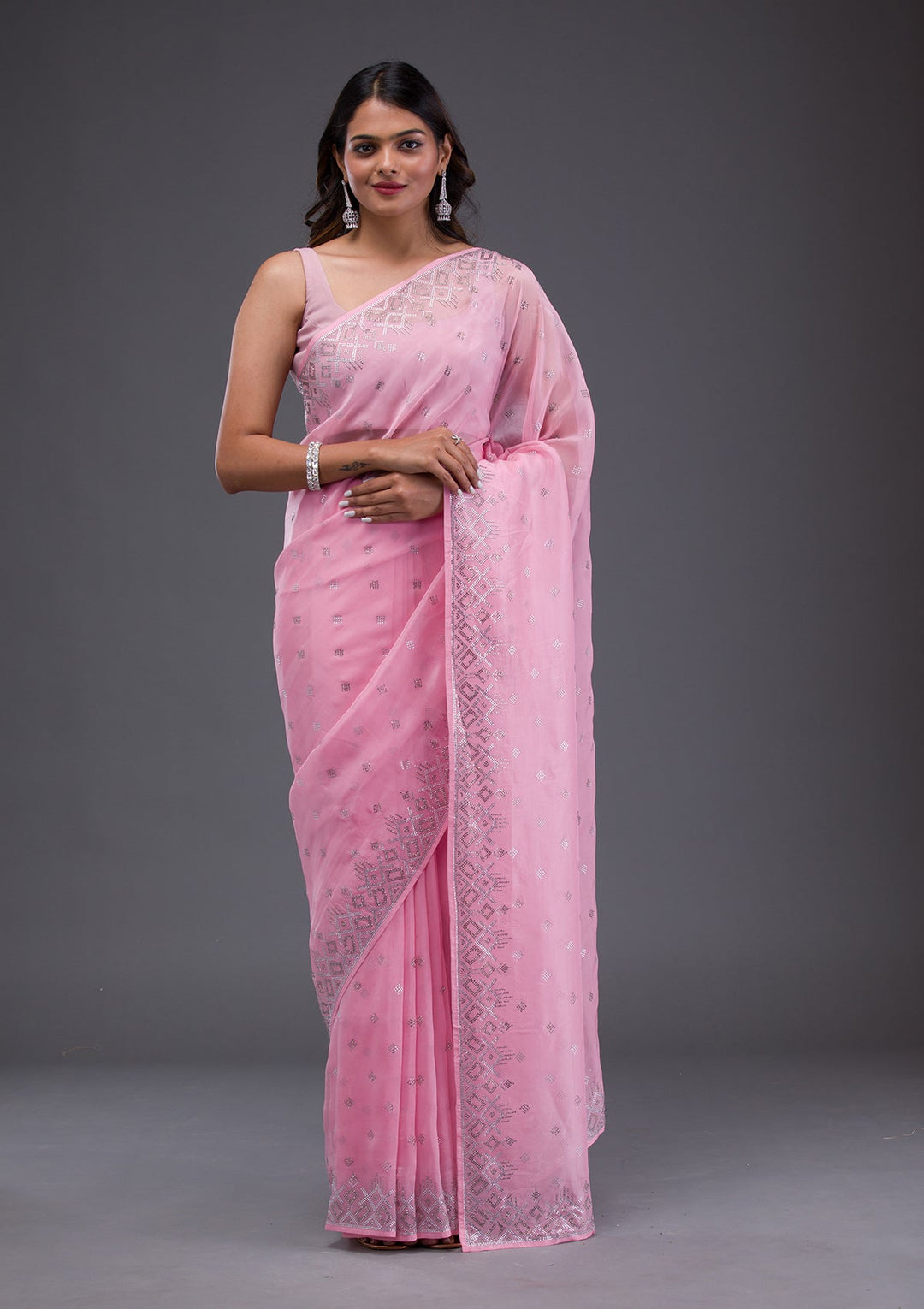Rust Swarovski Semi Crepe Designer Saree-Koskii