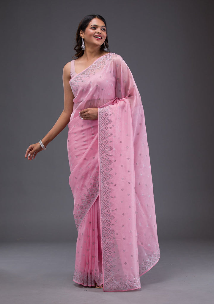 Rust Swarovski Semi Crepe Designer Saree-Koskii