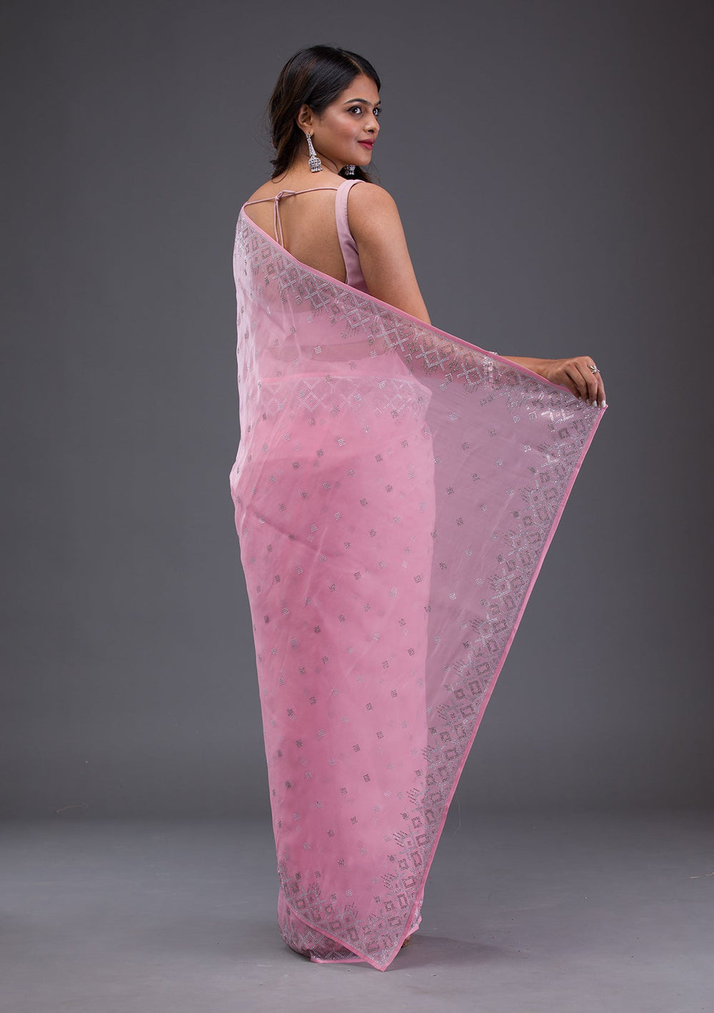 Rust Swarovski Semi Crepe Designer Saree-Koskii