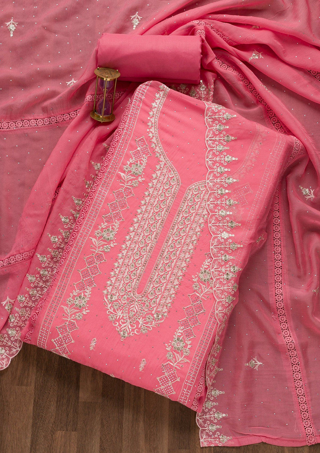 Pink Swarovski Tissue Unstitched Salwar Suit-Koskii